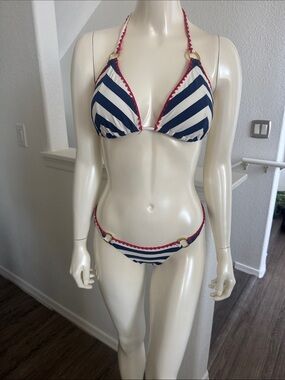 Beach Bunny Navy & White Striped Triangle Bikini with Red Trim